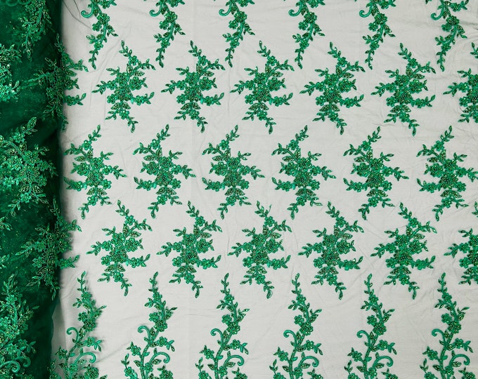 Emerald Green Beaded Sequins Fabric, Embroidery With Beaded Sequin on a Mesh, Floral Bridal Lace Fabric by the yard (Pick a size )
