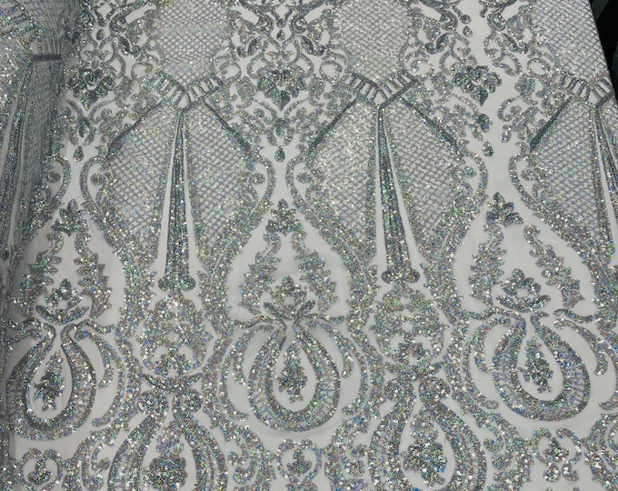 Sequin Silver Holographic Lace Fabric by the yard - DAMASK Design Embroidered on white Mesh 4 way Stretch Sequins-Prom-Gown