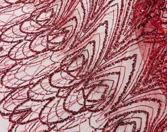 Burgundy Fashion Design Beads and Sequins, Luxury Beaded Fabric Embroidered on a Mesh Lace,Wedding,Bridal,Dress Sold By The Yard