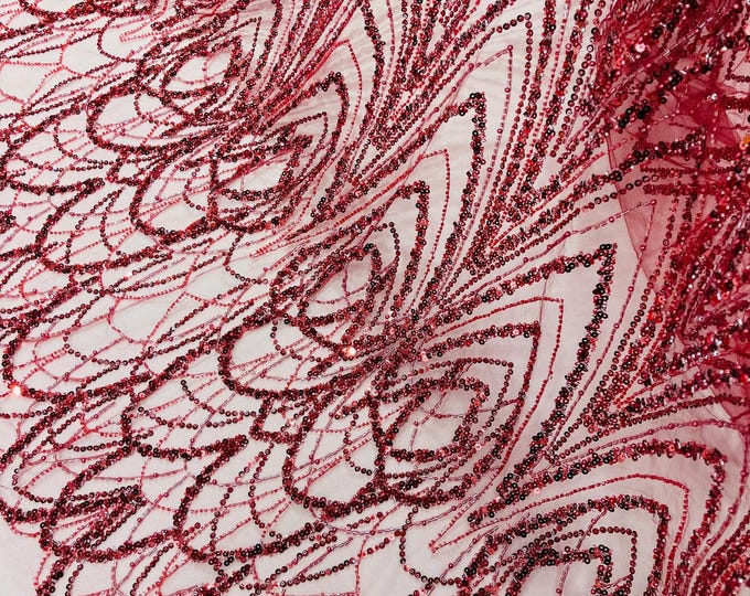 Burgundy Fashion Design Beads and Sequins, Luxury Beaded Fabric Embroidered on a Mesh Lace,Wedding,Bridal,Dress Sold By The Yard