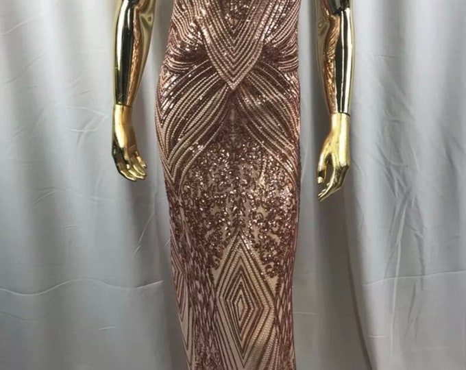 Rose Gold Sequins on Mesh, Geometric Design on a Mesh 4way Stretch Sequin-Prom-Gown By The Yard