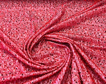 Red Embroidery Beaded Fabric By The Yard With Sequin Fabric, Sequin on Mesh Fabric, Handmade Lace, Beads on a Mesh