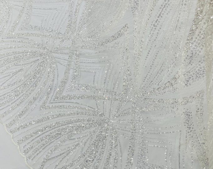 Ivory Beaded Lace Fabric: Embroidered Mesh, Bridal Wedding Dress - Sold By The Yard