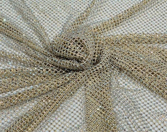 Iridescent Rhinestone Fishnet Fabric: Champagne Gold Spandex (Sold by the Yard)