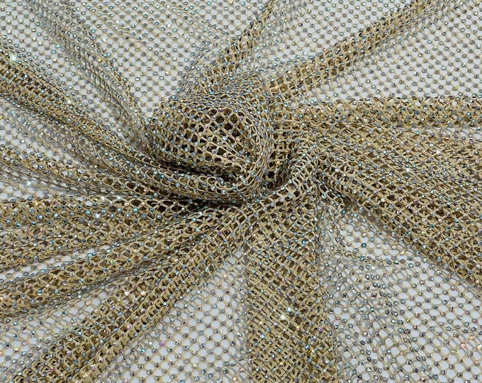 Iridescent Rhinestones Fabric On Champagne Stretch Net Fabric, Spandex Fish Net with Crystal Stones sold by the yard