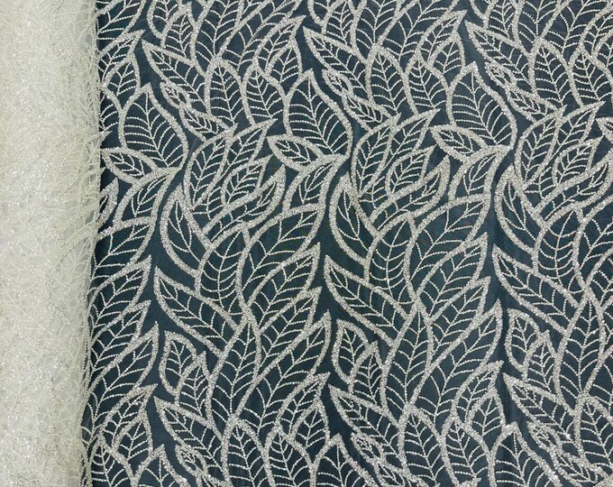 OFF WHITE Wavy Lines Leaf Pattern Beaded Fabric - Embroidered Line Beaded Wedding Bridal Fabric Sold By The Yard