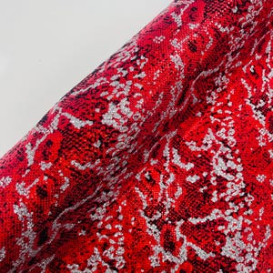 Red Silver Glitter Snake Design Shattered Glass Nylon Spandex Fabric By Yard, Snake Flocking Hologram, Glitter Snake Nylon Spandex Fabric