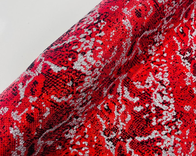 Red Silver Glitter Snake Design Shattered Glass Nylon Spandex Fabric By Yard, Snake Flocking Hologram, Glitter Snake Nylon Spandex Fabric