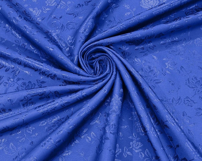 Royal Blue Flower Brocade Jacquard Satin Fabric, Sold By The Yard Polyester Satin Floral Wide 58/60"  (Choose The Quantity)