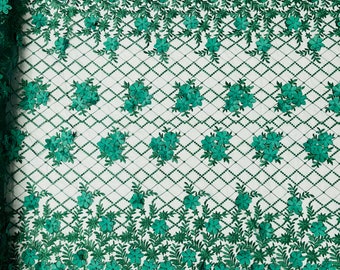 Hunter Green 3D Floral Lace Fabric with Pearls: Bridal Wedding Dress Material