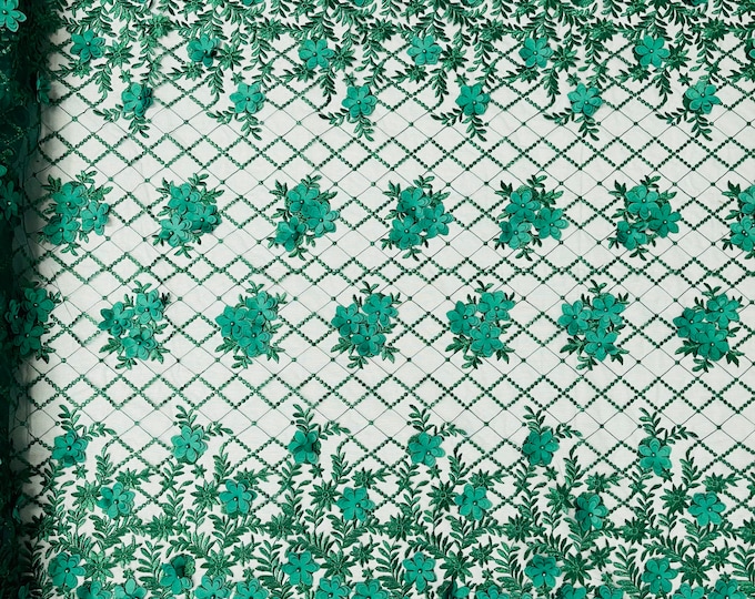 Mia Fabrics Inc, Hunter Green 3D Floral-Flower With Pearl, 3D Floral-Flower Bridal Wedding Lace Fabric by the Yard (Pick a Size)