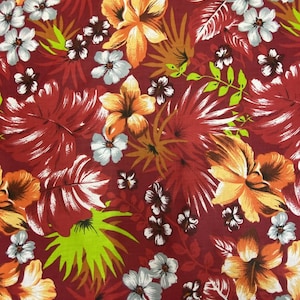Mia&#39;s Fabrics Inc, Red/Red Hawaiian Print Tropical Poly Cotton Fabric Floral 60&quot; By Yard (Pick a Size)