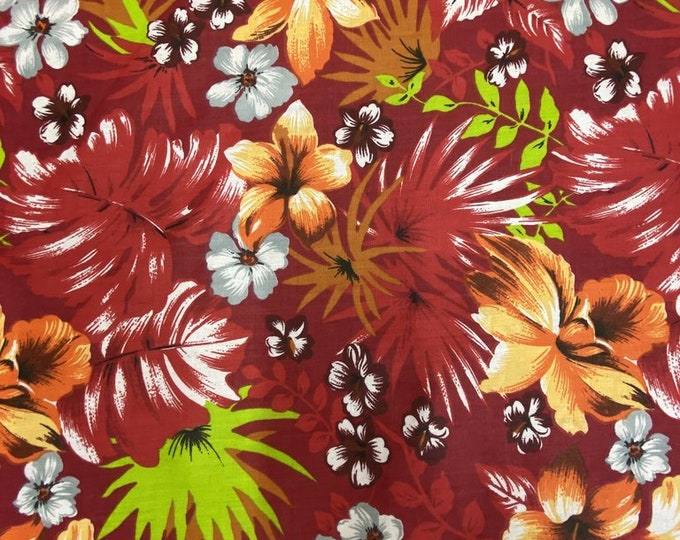 Mia's Fabrics Inc, Red/Red Hawaiian Print Tropical Poly Cotton Fabric Floral 60" By Yard (Pick a Size)