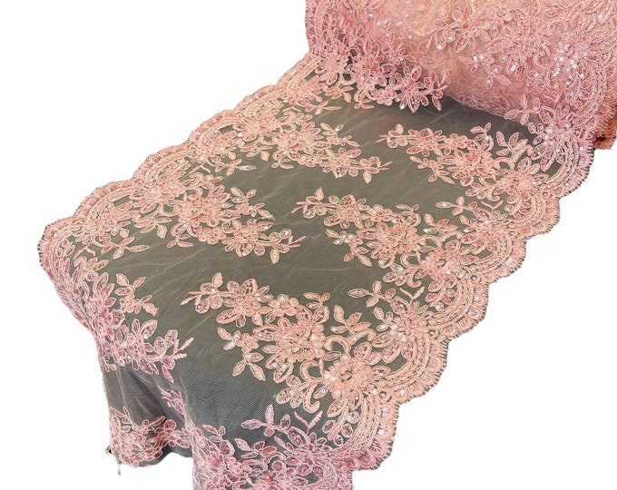 Dusty Rose Floral Lace Fabric For Runner 14” Inch - by the yard - Embroidery With Sequins on a Mesh Lace Fabric For Wedding