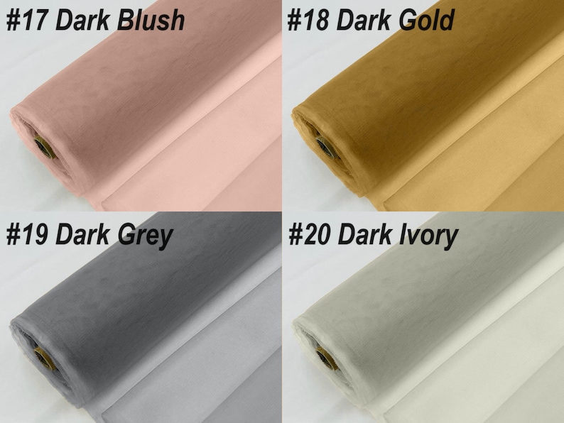May include: Four rolls of tulle fabric in different colours: dark blush, dark gold, dark grey, and dark ivory. The fabric is rolled up and the ends are visible.