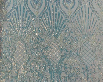 Iridescent Clear Sequin Fabric: White Selena Damask Lace Mesh, 4-Way Stretch