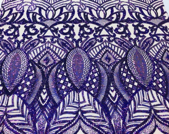 Holographic Purple Sequin Royalty Design on Blush 4 Way Stretch Sequin Fabric Spandex Mesh-Prom-Gown By The Yard