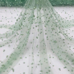 Sage, Scattered Pearls Studded Mesh, by the yard - 2 Way Stretch, Pearls On Mesh, Scattered Pearls on Mesh, Bead Wedding Bridal Dress