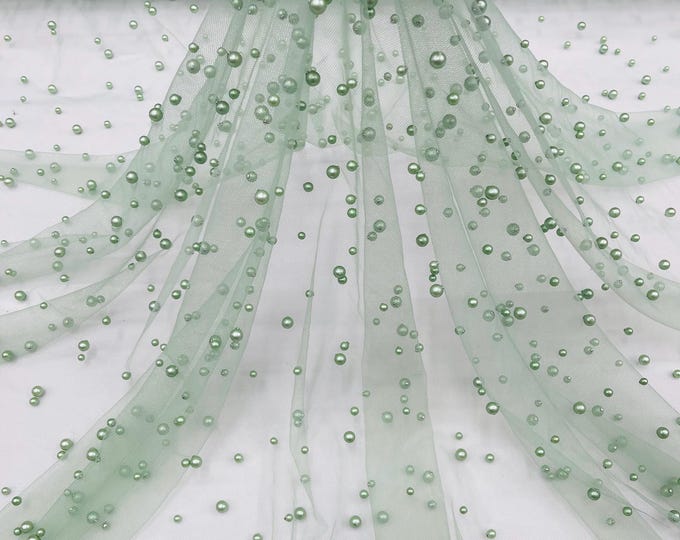 Sage, Scattered Pearls Studded Mesh, by the yard - 2 Way Stretch, Pearls On Mesh, Scattered Pearls on Mesh, Bead Wedding Bridal Dress