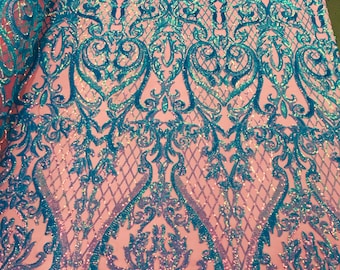 Turquoise Sequin Heart Damask Fabric: Mauve Mesh, 4-Way Stretch - By The Yard