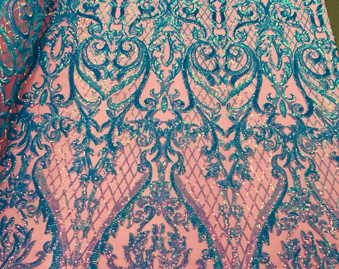 Iridescent Turquoise Sequin Fabrics on Mauve Mesh - 4 Way Stretch Sequins Heart Pattern Damask with Fish Net Details on Mesh Sold By Yard