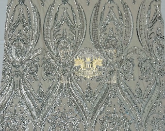 Silver Damask Sequins Fabric: 4-Way Stretch Spandex Mesh, Prom Gown Fabric