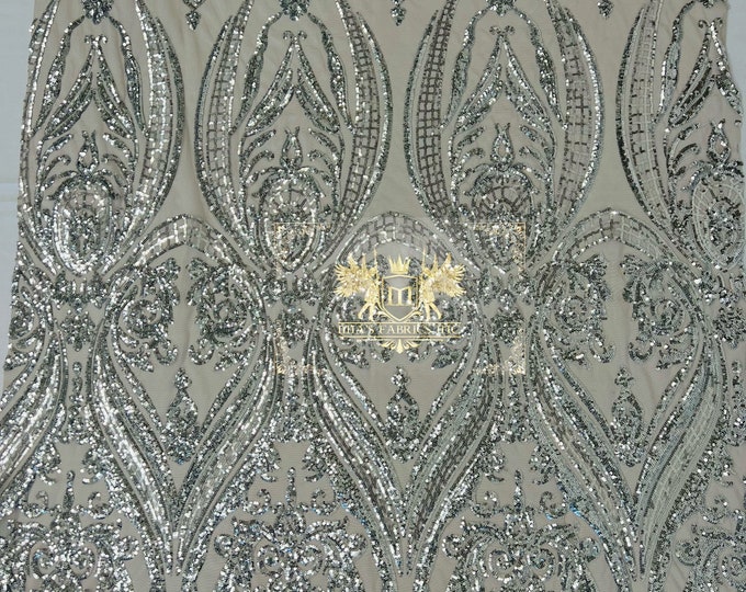 Silver Sequins Fabric on a Silver Mesh - 4 Way Stretch Fancy Big Damask Design Sequins on Spandex Mesh Prom Gala Gown Fabric By The Yard