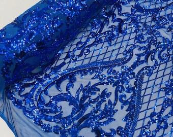 Royal Blue Sequins Fabric | 4 Way Stretch Mesh | Embroidered Damask Design With Sequin Lace Prom-Gown by the yard