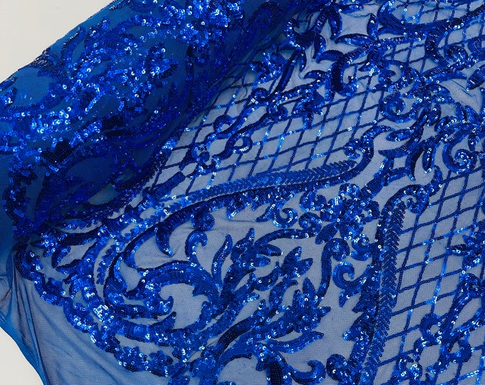 Royal Blue Sequins Fabric | 4 Way Stretch Mesh | Embroidered Damask Design With Sequin Lace Prom-Gown by the yard