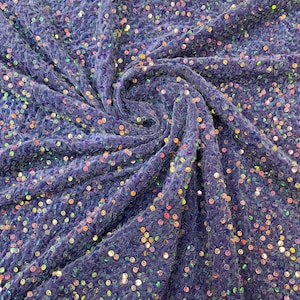 Sequins Velvet Fabric by the yard, Clear Iridescent on DK Lilac Stretch Velvet With Partial Luxury Sequins  5mm Shining Sequin Velvet 58/60”