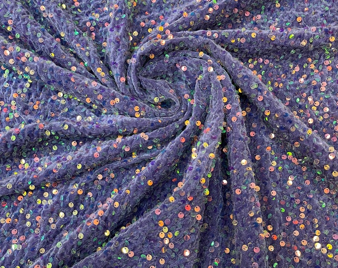 Sequins Velvet Fabric by the yard, Clear Iridescent on DK Lilac Stretch Velvet With Partial Luxury Sequins  5mm Shining Sequin Velvet 58/60”