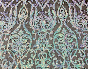 Iridescent Aqua Sequin Damask Fabric on Black Mesh