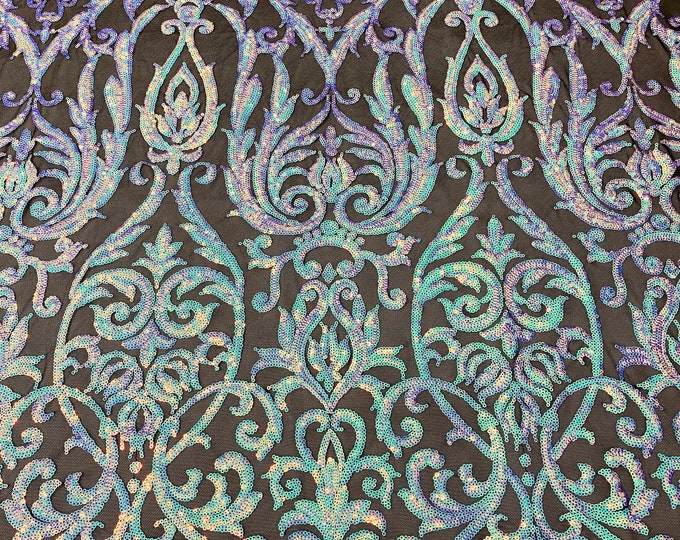 Iridescent Aqua Sequin on Black Mesh Fancy Damask Zoe Design on a 4 Way Stretch Mesh Fabric for Prom Gala Gown