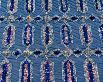 Royal Blue Iridescent Sequin Fabric, Jewel Design on Blue Mesh, 4 Way Stretch