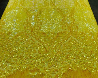 Yellow Iridescent Sequin Damask Fabric – 4 Way Stretch Spandex Mesh, By The Yard
