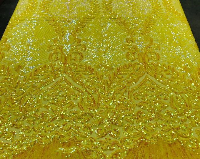 Yellow Iridescent Sequin Damask Design - by the yard - 4 Way Stretch Sequins Fabric On Spandex Mesh-Prom-Gown