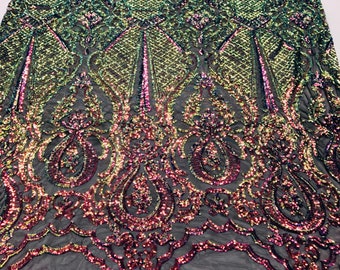 Rainbow Sequins Damask Lace Fabric, Embroidered Mesh, 4-Way Stretch By The Yard