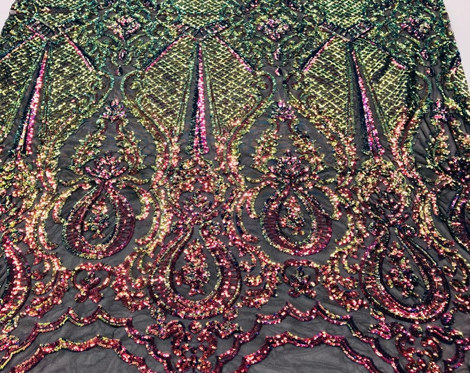 Sequins Rainbow Lace Fabric, DAMASK Design Embroidered on Mesh 4 way Stretch Sequin By The Yard -Prom-Gown ( Choose The Size )