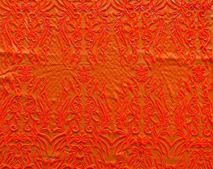 Neón Orange Sequin Fabric, Geometric Damask Design Embroidered With Sequin on a 4 Way Stretch Sequin Fabric Mesh-Prom-Gown By The Yard