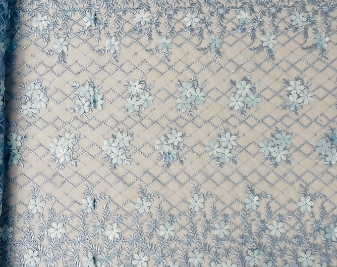 Mia Fabrics Inc, Baby Blue 3D Floral-Flower With Pearl, 3D Floral-Flower Bridal Wedding Lace Fabric by the Yard (Pick a Size)