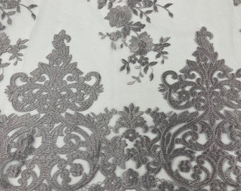 Silver Damask Embroidered Mesh Lace Fabric, Floral Bridal Wedding Dress