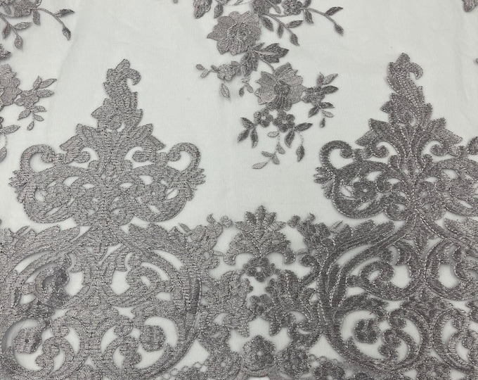 SILVER Damask Design Embroidered on Mesh Lace Fabric, Floral Bridal Lace Wedding Dress by the Yard (Pick a Size)