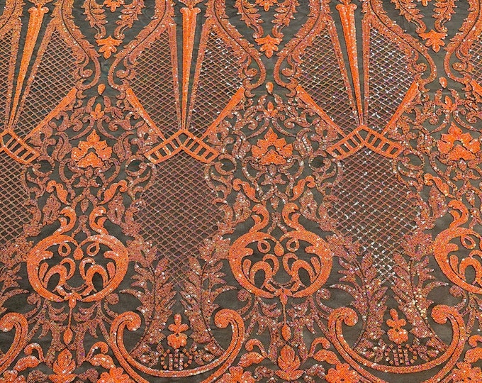 Orange Sequin Fabric on Black Mesh - Damask Design on a 4 Way Stretch Sequins Fabric Mesh-Prom-Gown By Yard