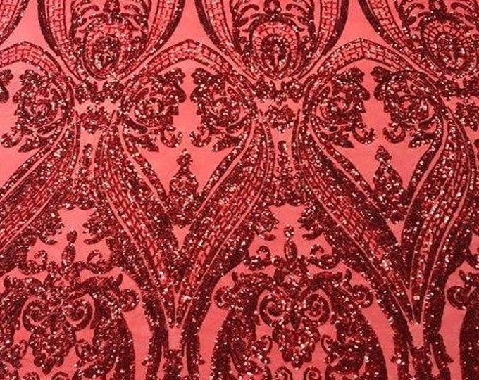 Red Sequin Damask Design - 4 Way Stretch Fancy Big Damask Design Sequins on Spandex Mesh Prom Gala Gown Fabric By The Yard