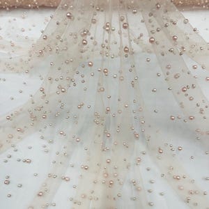 Blush Peach, Scattered Pearls Studded Mesh, by the yard 2 Way Stretch, Pearls On Mesh, Scattered Pearls on Mesh, Bead Wedding Bridal Dress
