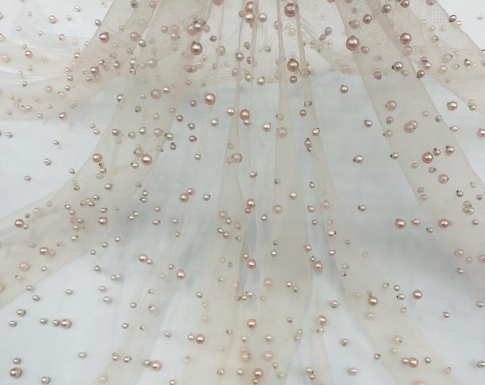 Blush Peach, Scattered Pearls Studded Mesh, by the yard 2 Way Stretch, Pearls On Mesh, Scattered Pearls on Mesh, Bead Wedding Bridal Dress