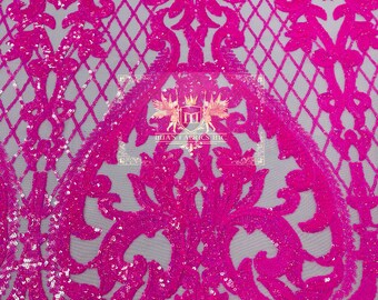 Hot Pink Iridescent Sequins Fabric | Lt Pink 4Way Stretch Mesh | Embroidered Damask Design With Iridescent Sequin Lace Prom-Gown by the yard