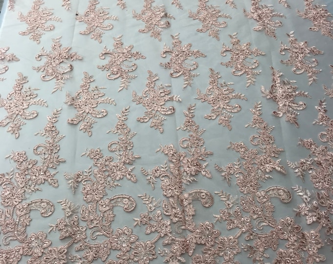 Pink Flower Lace Fabric - Floral Clusters Embroidered With sequins on a Mesh Lace Fabric Sold By The Yard