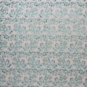 Mint Floral Lace Fabric, by the yard - Corded Sequins Fabric, Embroidery With Sequins on a Mesh Lace Fabric For Gown, Wedding-Bridal