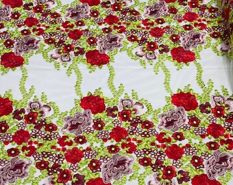 Multi Color Floral Design Lace Fabric - by the yard - Embroidered on White Mesh Lace Fabric, Floral Bridal Lace Wedding